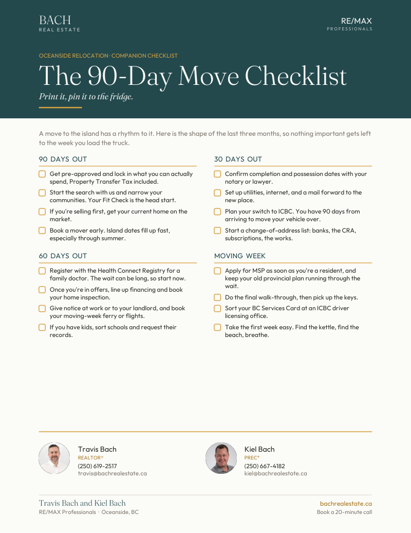 Parksville and Qualicum 90-Day Move Checklist cover, a one-page printable checklist